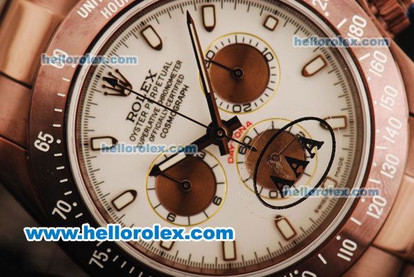 Rolex Daytona II Chronograph Swiss Valjoux 7750 Automatic Movement Brown PVD Case with White Dial and Brown PVD Strap - Click Image to Close